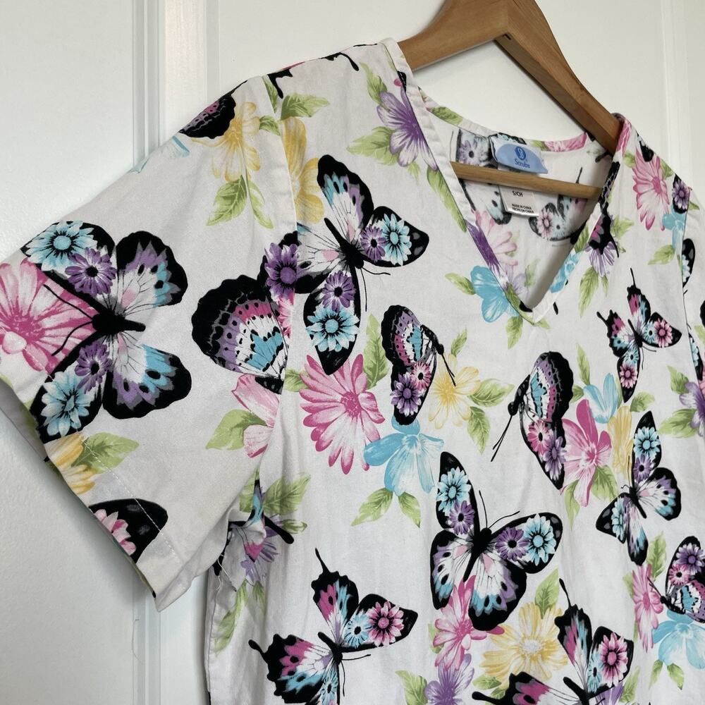 SB Scrubs Women's Butterfly Print Colorful Short Sleeve V Neck Scrub Top Size S - Picture 3 of 8